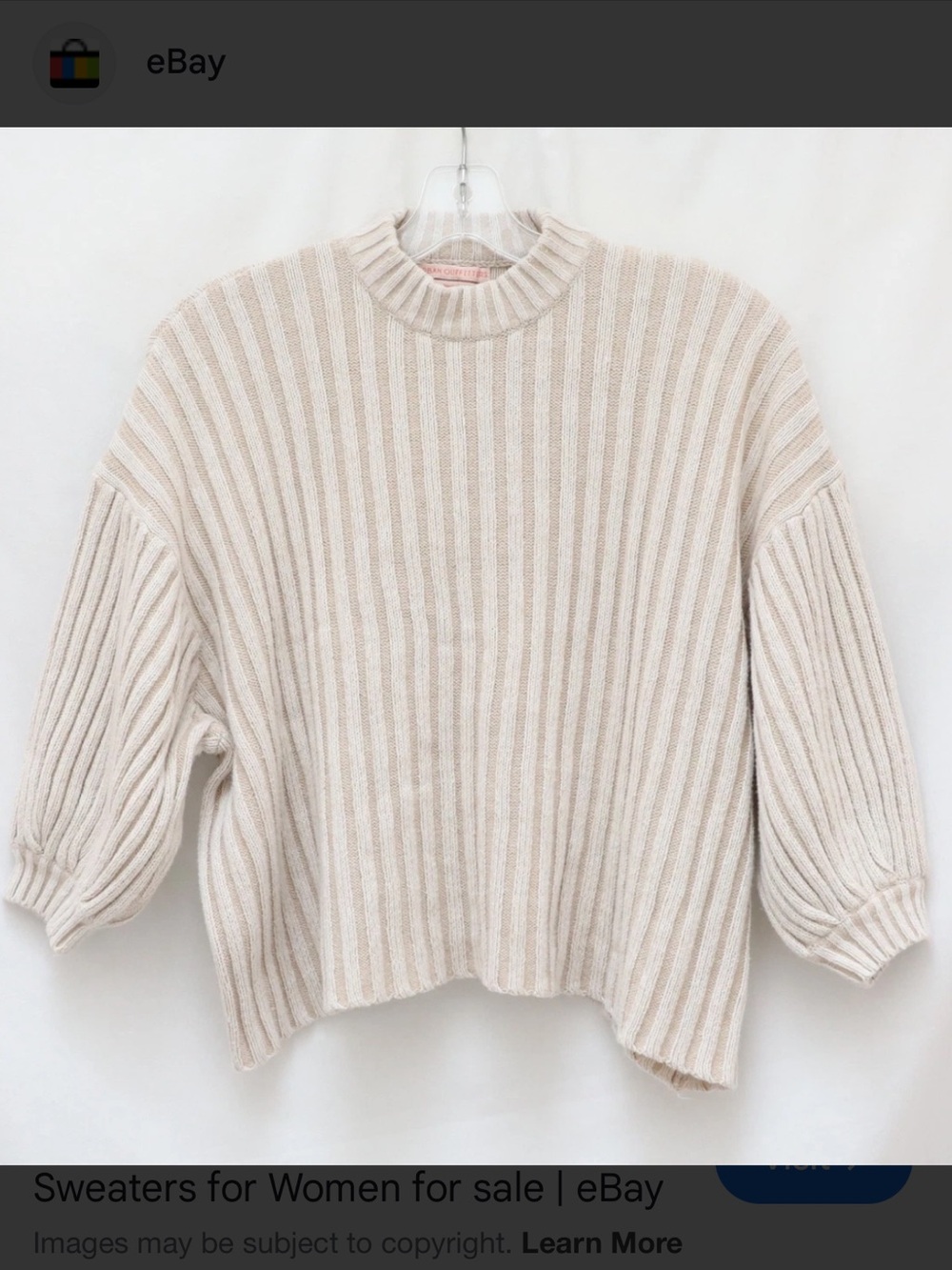 Urban Outfitters Cream Ribbed Relaxed Fit, Crewneck Sweater,Cotton Blend, Sz XS